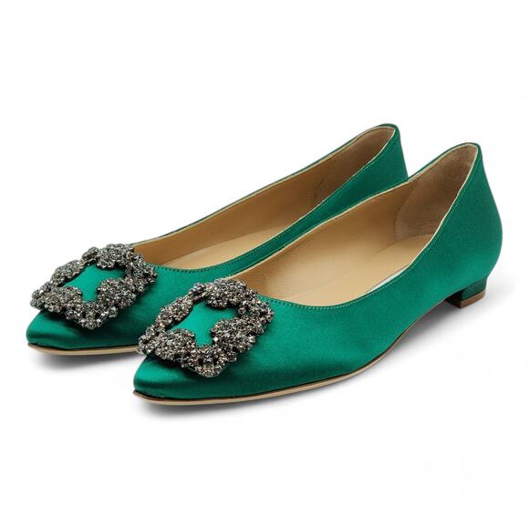 Manolo Blahnik Shoes - Manolo Blahnik Hangisiflat Jewel Buckle Flat Pumps - Satin - Green 36 5.5 $1095
